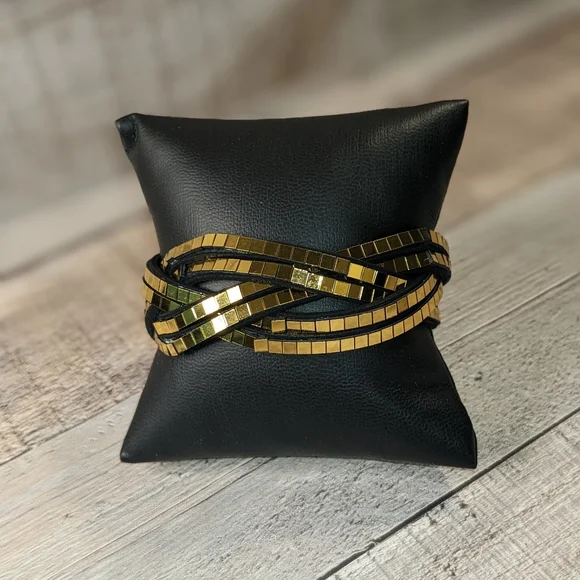 A12 Gold Disco Ball Wrap Bracelet Black Suede Metallic Crystal Rhinestone - Picture 5 of 12